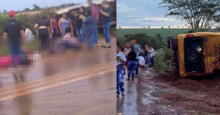 Motorista de ônibus escolar perde o controle do veículo, capota e deixa 13 vítimas