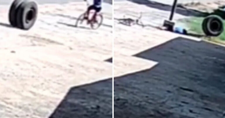 Vídeo flagra o momento em que pneus de carreta se soltam e atingem mulher que estava em bicicleta