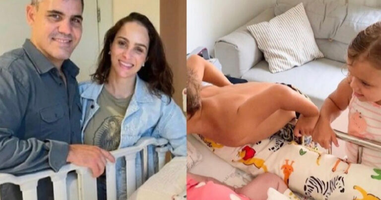 Esposa de Juliano Cazarré mostra reencontro dos filhos com Guilhermina após alta e se emociona: ‘só Deus sabe’