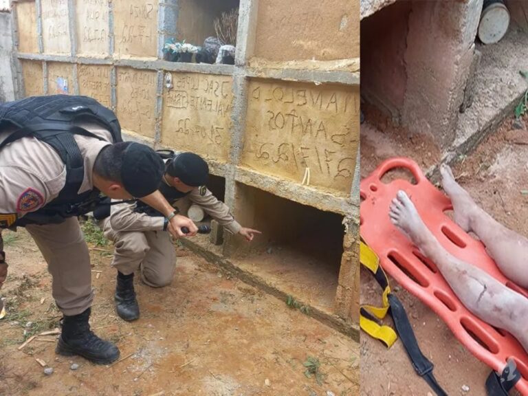 Mulher pede socorro e é resgatada de dentro túmulo no interior de MG