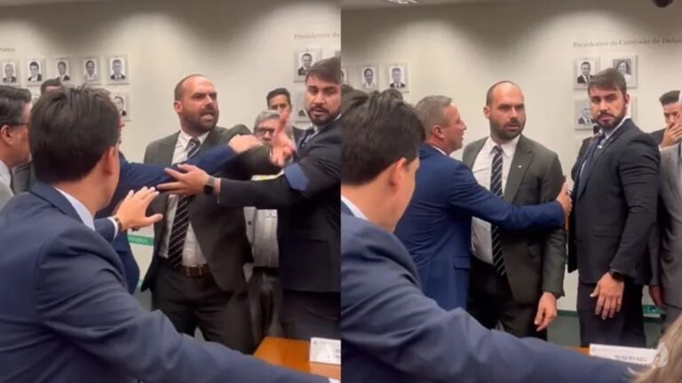 Eduardo Bolsonaro perde a calma, xinga e parte para cima de deputado que questionou facada de Bolsonaro, vídeo
