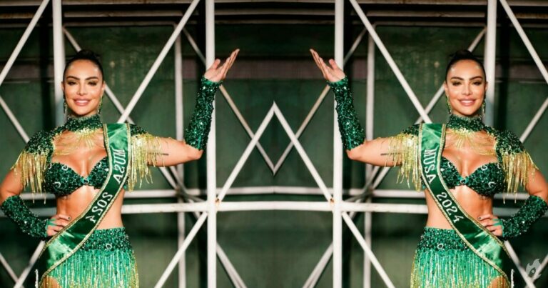 Aline Mineiro, musa da Mocidade Independente, brilha com seu look na semifinal do samba enredo