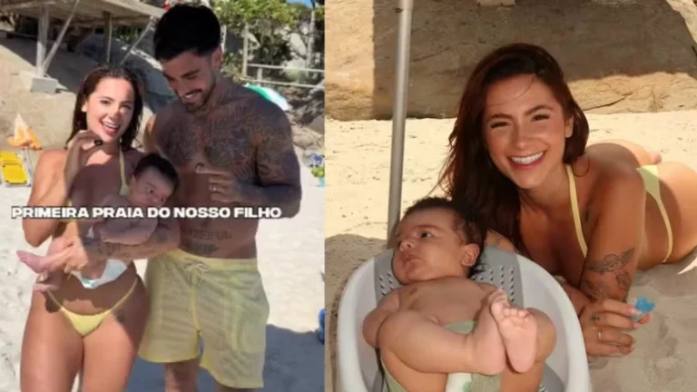 Fofura! Nathalia Valente e Yuri Lima levam o filho para a praia pela primeira vez