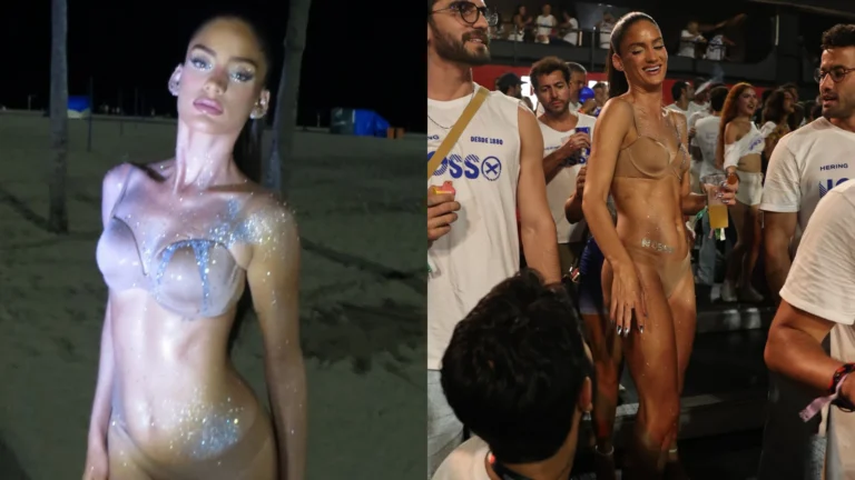 Laura Fernandez aposta em calcinha e sutiã para camarote na Sapucaí