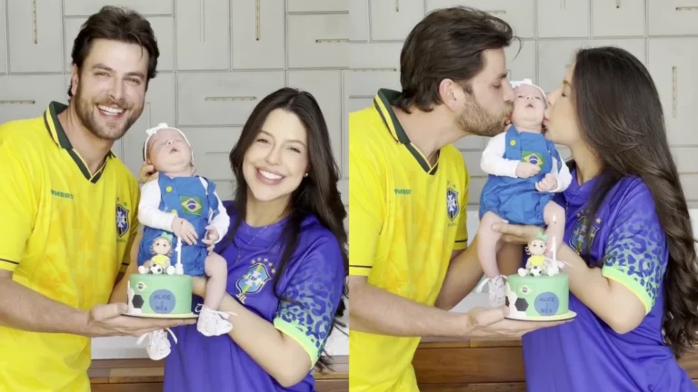 Laís Caldas e Gustavo Marsengo comemoram 1º mês da filha com tema Copa