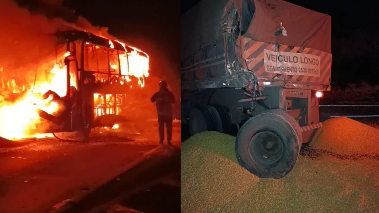 Ônibus pega fogo ao colidir com caminhão no PR; 13 vítimas são resgatadas