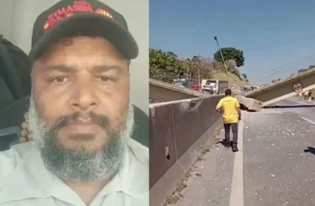 Caminhoneiro escapa por segundos de queda de passarela na Fernão Dias em SP
