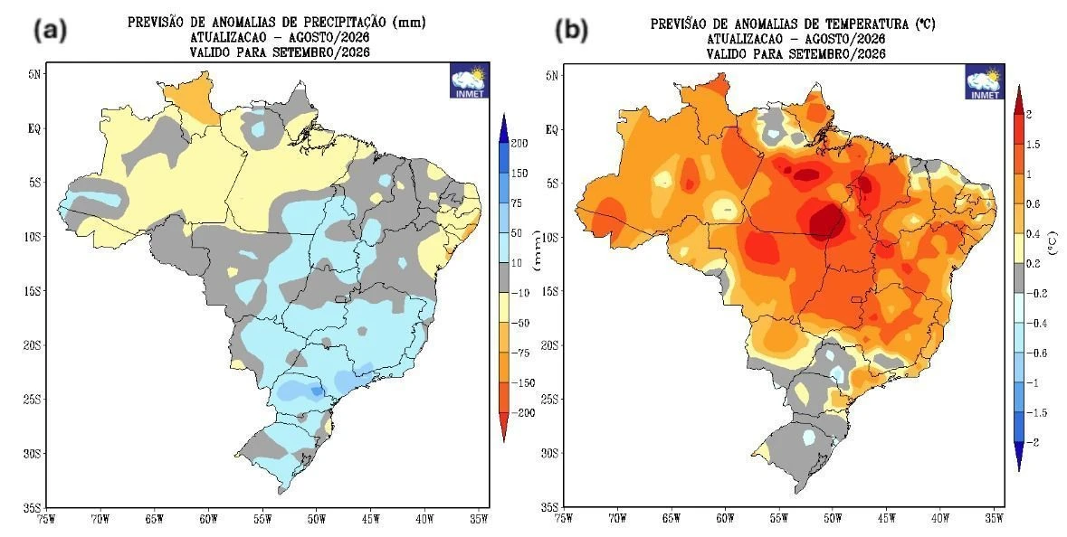 Setembro terá calor acima da média e chuva irregular pelo Brasil, diz Inmet