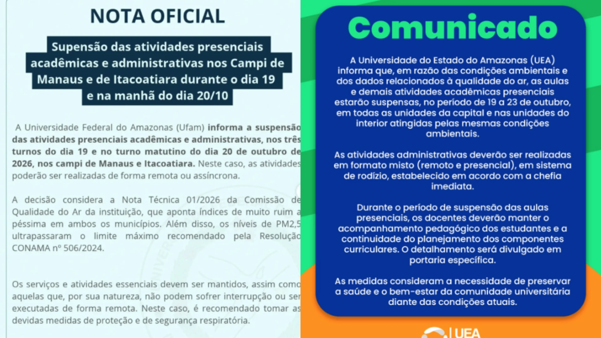 Manaus suspende aulas municipais nesta terça devido à qualidade do ar