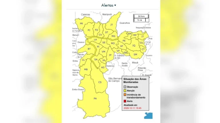 Capital paulista entra em estado de atenção para alagamentos neste domingo