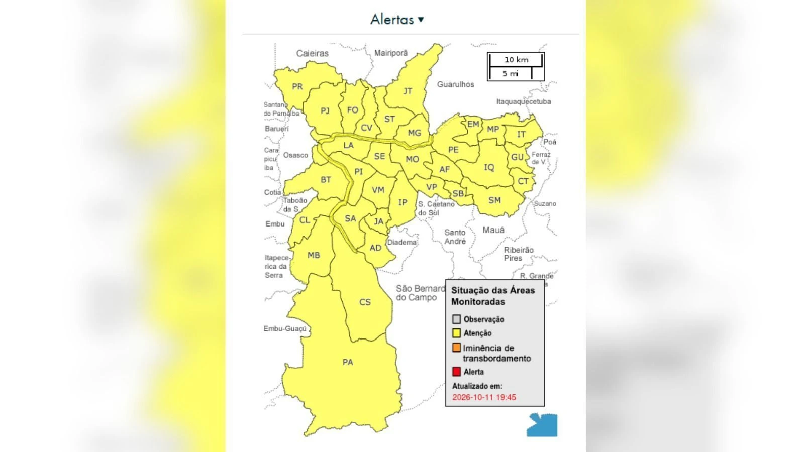 Capital paulista entra em estado de atenção para alagamentos neste domingo