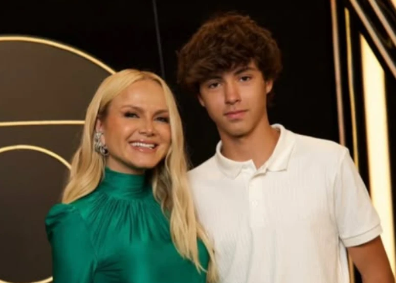 Eliana recebe filho de 14 anos na Globo e altura do adolescente chama a atenção